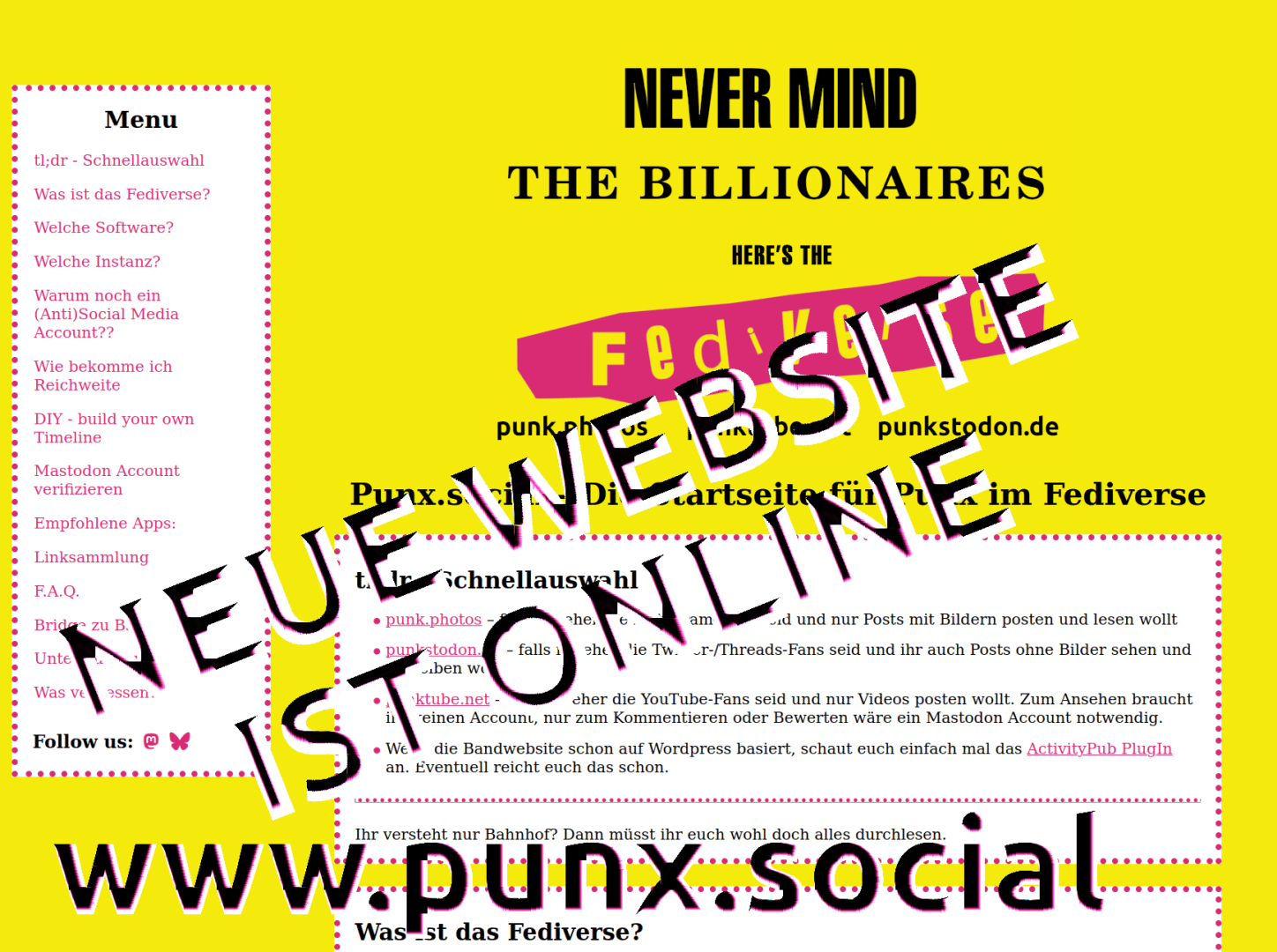 screenshot der punx.social website, da drüber steht Neue website ist online
da drunter steht www.punx.social